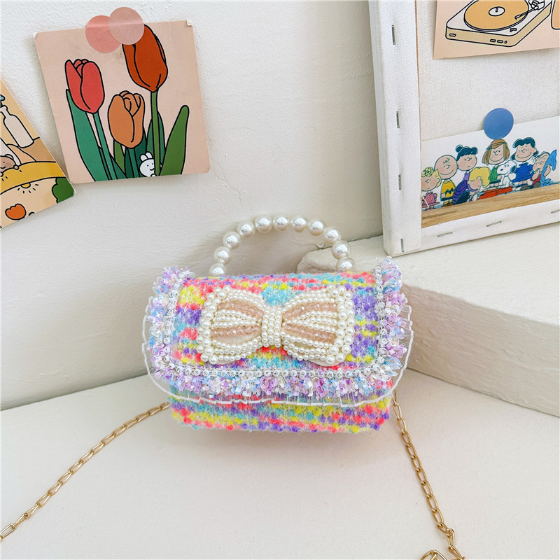 Colorido lentejuelas de los niños bolsa arco accesorios princesa estilo occidental perla bolso coreano mini cadena mensajero bolsa
