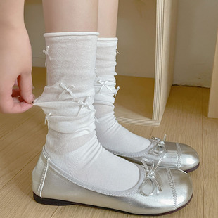 Ballet Style Sweet Bow Pile Socks for Women Summer Thin Semi-Mesh Breathable Cute Jk Summer Calf Stockings