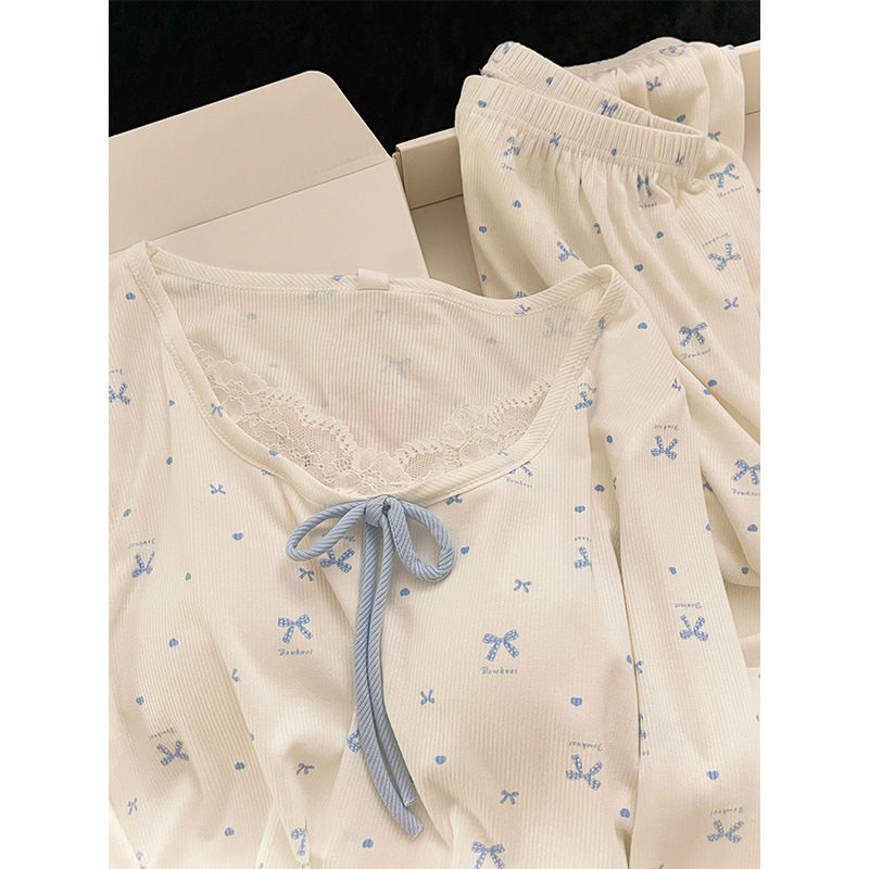 纯欲舒适棉带胸垫睡衣女春夏新款蕾丝花边蝴蝶结长袖家居服套装|undefined