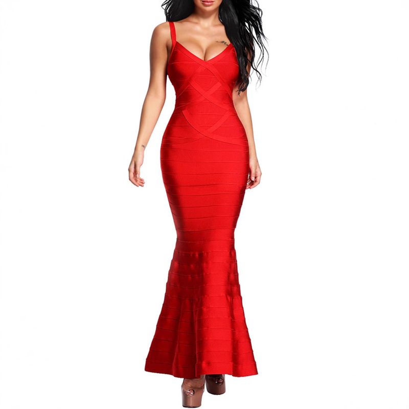 Long Red Bandage Evening Dress Striped Cross Low-Cut Sexy Fishtail Dress Banquet Wedding Host Women's Clothing