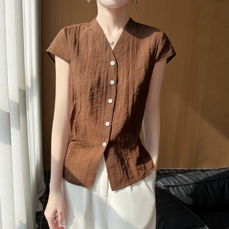 2026 Summer New Style V Neck Cardigan Short-Sleeved Women's T-Shirt Shirt Pure Color Loose and Versatile Design Top Shirt