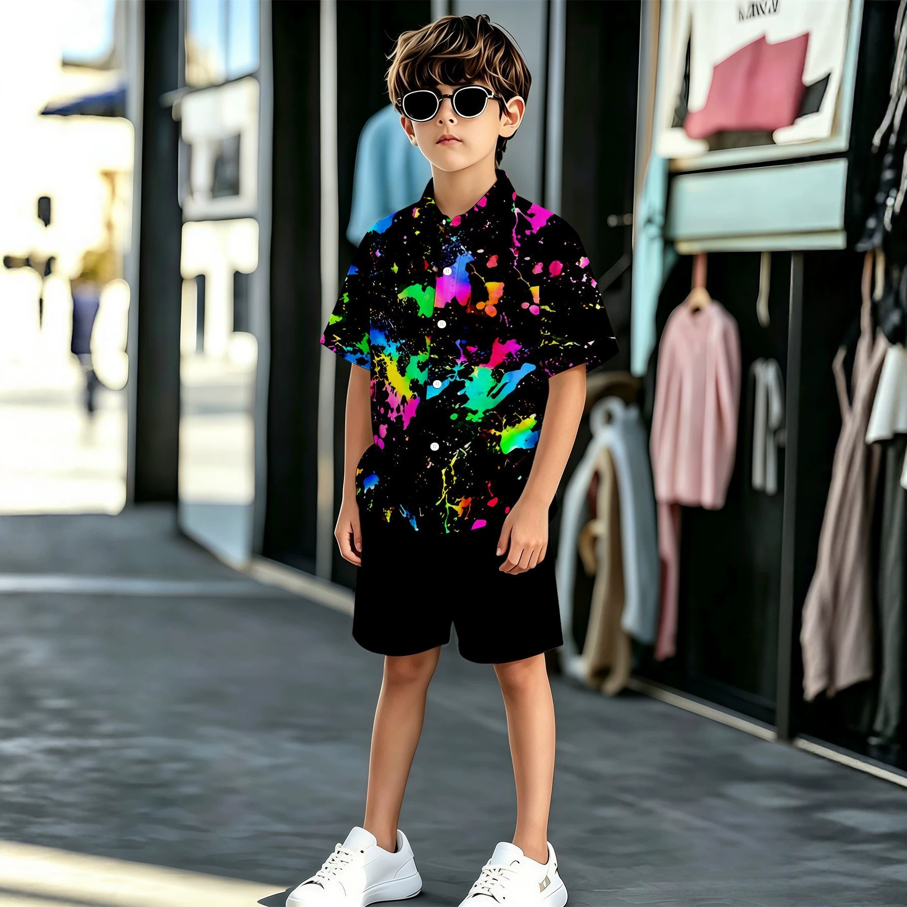 Multi-Element New Product, 3D Printed Pattern, Durable Attractive, Medium To Large Size Boys' Shirt And Shorts Set,_voghion.com