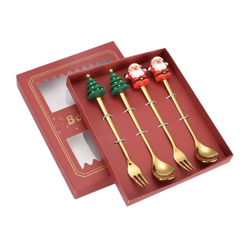 Cucharas de acero inoxidable transfronterizas muñecas de Papá Noel cubiertos cajas de regalo caseras de café mezclador cucharas de postre horquilla de frutas