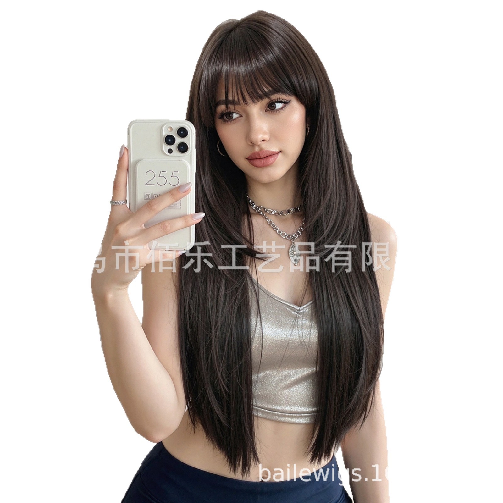 Perucas negras largas y rectas mujeres cubiertas de cabeza con franjas de capas de cabello largo y recto en Europa y América venta caliente de pelucas Xu Chang
