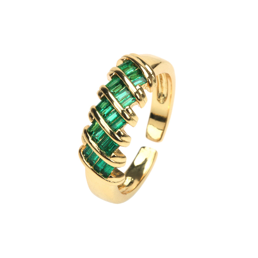 Vintage Emerald Green Zircon Simple Open End Adjustable Gold Plated Copper Ring display picture 2