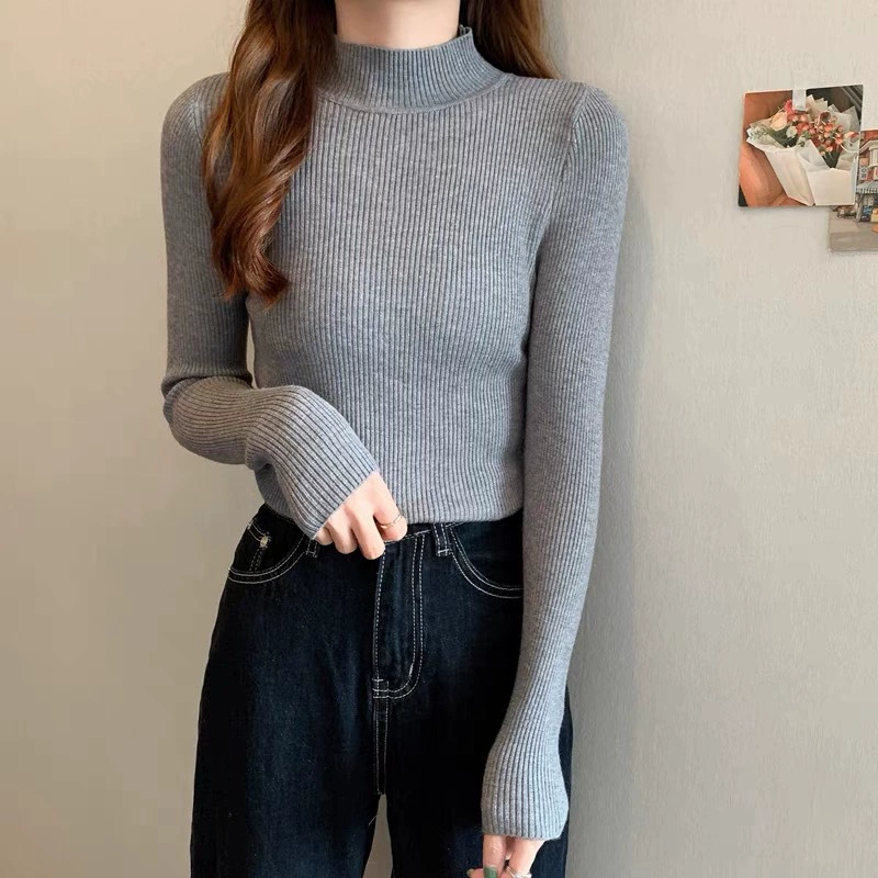 Осень длинный рукав, базовый базовый файл, эластичный свитер, Slim Fit, высокий воротник, корейский стиль