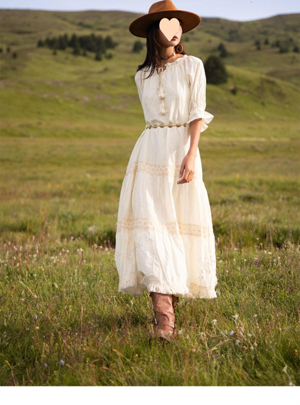 Beige Tassel Vacation Style Xinjiang Travel Outfit Bohemian Long Dress For Women Summer_ecoleips.com
