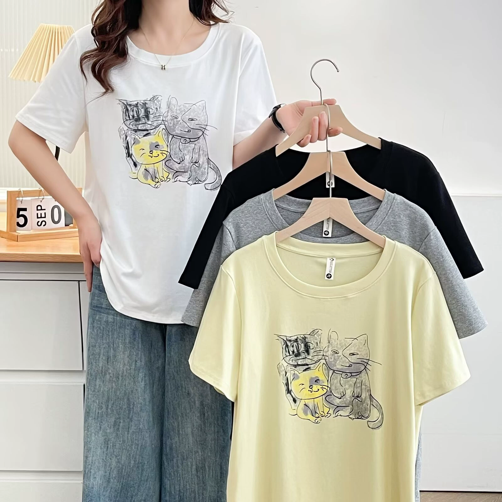 200 фунтов толстая сестра летняя новая повседневная иностранная печать мультяшная кошка с короткими рукавами большого размера женская футболка топ 9399