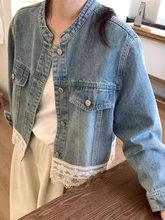 2025早春新款港风复古水洗小立领蕾丝拼接宽松休闲牛仔外套女短款