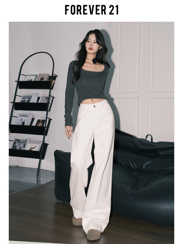Forever 21 American-style white drapey wide-leg jeans for women, versatile high-waisted loose straight-leg floor-length pants for spring Forever 21 American-style white drapey wide-leg jeans for women, versatile high-waisted loose straight-leg floor-length pants for spring