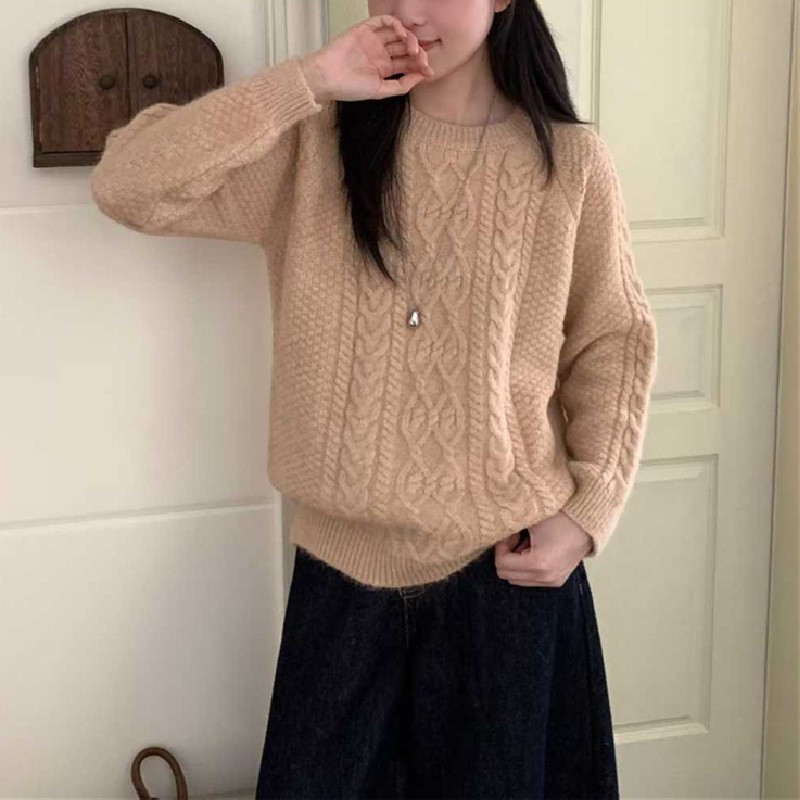 韩系温柔风插肩圆领麻花针织衫女秋冬新款纯色长袖套头毛衣打底衫|undefined
