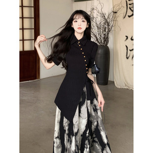 Feiqiqi~Plus Size Yanyu Jiangnan Cheongsam Style Slanted Top + Ink Print Slimming Look Skirt Suit