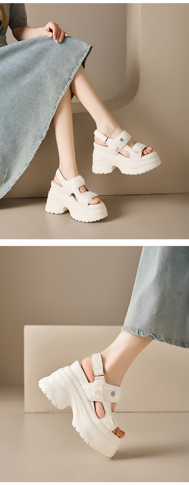 Sandal nữ đế xuồng cao gót 12 cm mũi hở phong cách La Mã — màu đen, màu trắng ngà chi tiết 5