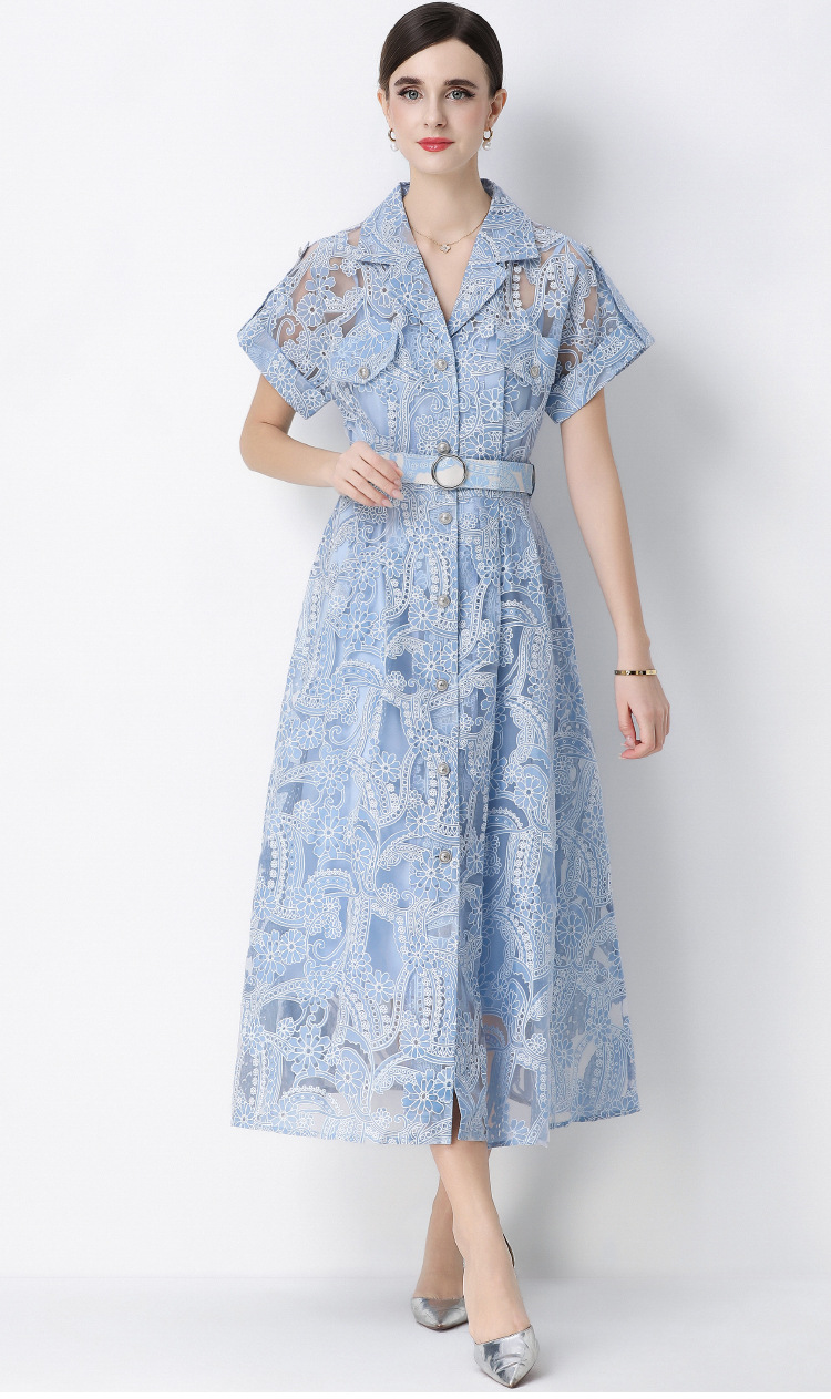 Đầm maxi nữ ren thêu hoa cổ vest cài cúc thắt eo dáng dài thanh lịch — xanh lam, màu trắng, màu vàng chi tiết 7