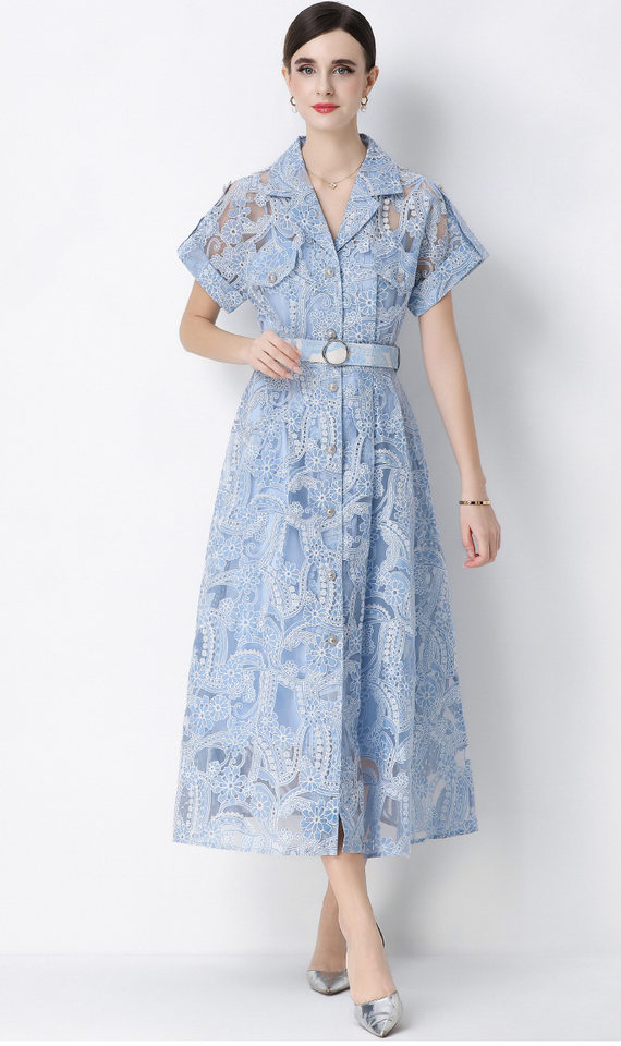 Đầm maxi nữ ren thêu hoa cổ vest cài cúc thắt eo dáng dài thanh lịch — xanh lam, màu trắng, màu vàng chi tiết 7