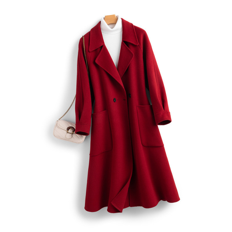 Ankora Red Double-Sided Wool Coat 100% Wool Long Slim-Fit Hepburn Style Woolen Coat for Women Casual Ankora Red Double-Sided Wool Coat 100% Wool Long Slim-Fit Hepburn Style Woolen Coat for Women Casual
