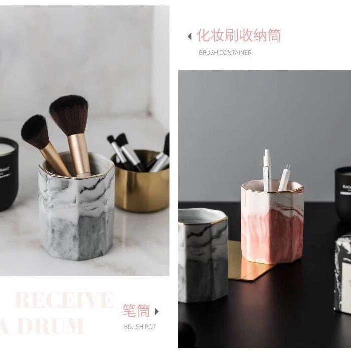Portaplumas de estilo nórdico con diseño de mármol, taza de cerámica para brochas de maquillaje, recipiente de almacenamiento, artículo de decoración para el hogar, logotipo personalizado