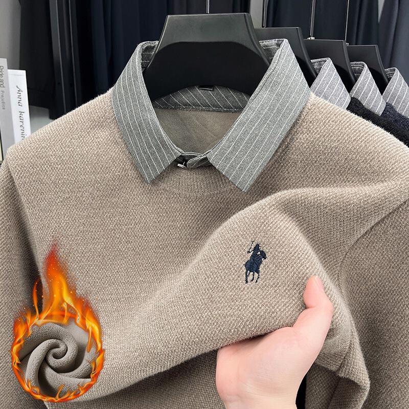 Thickened One-Piece Velvet Men's Sweater Shirt Collar Fake Two-Piece Winter Warm Long-Sleeved t Knitted Velvet Bottoming Top