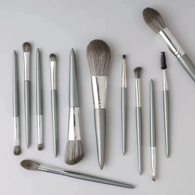 Makeup Brush Set, 14-Piece Foundation & Primer Brushes, Roll Pouch, Silver Handles