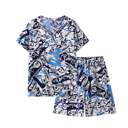 Men's Cotton Satin Summer Thin Pajama Set, Artificial Cotton Simple Short Sleeve Loose Plus Size Shorts, Satin Home Suit