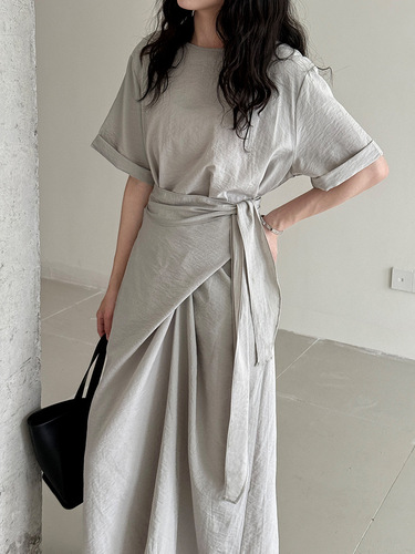 Luxi niche design cross-strap short-sleeved dress spring and summer new style waist waist slimming A-line long dress 3588