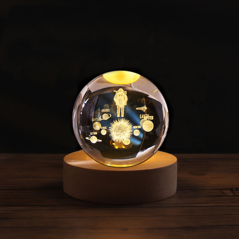 temu amazon una lámpara de noche de cristal de bola galáctica 3D láser interior grabado adornos de madera lámpara de noche galáctica