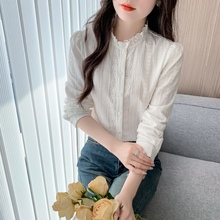 木耳边纯棉白色衬衫女2025年春秋季新款休闲小个子刺绣衬衣上衣