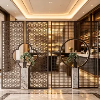 新中式铁艺屏风隔断酒店会所格栅背景墙客厅玄关镂空屏风工程定制