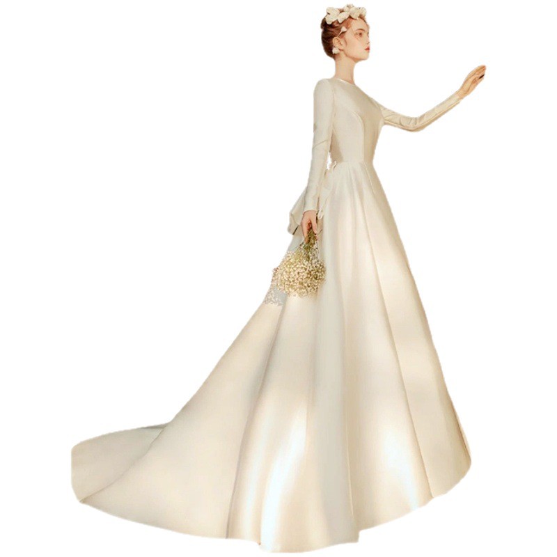 Francés Hepburn vestido de novia blanco trailing vestido de novia simple elegante satén retro textura trailing vestido de noche image 5