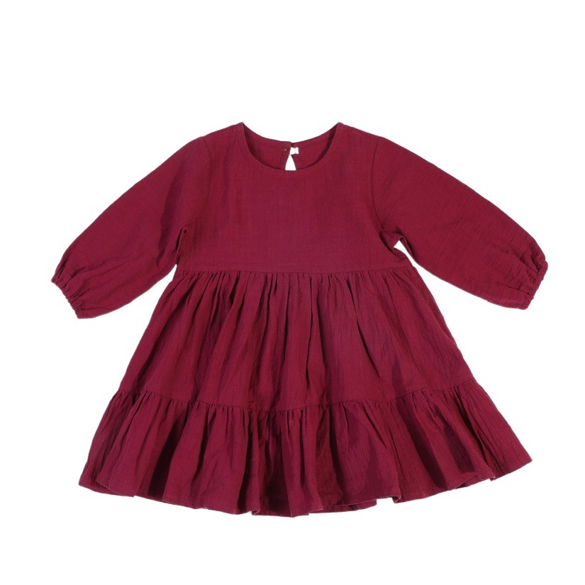 Amazon nuevo vestido de los niños transfronterizos de manga larga de algodón y lino vestido de los niños de Europa y América Comercio exterior de color sólido vestido de una sola pieza de las niñas