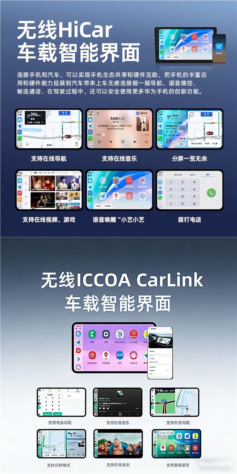 Android car system with wireless CarPlay+HiCar+Android phone connectivity, modified car system for upgrading vehicle connectivity