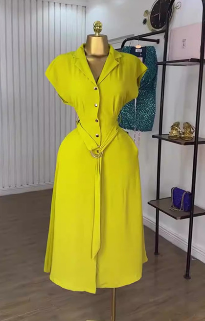 欧美跨境女装新款时尚纯色西装领单排扣配腰带衬衫式迷笛连衣裙|undefined