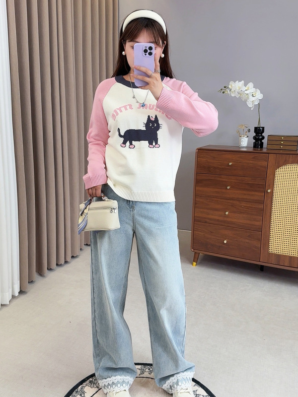 子元胖mm大码女装2025年秋季新款200斤卡通猫咪撞色女士毛衣F561|undefined