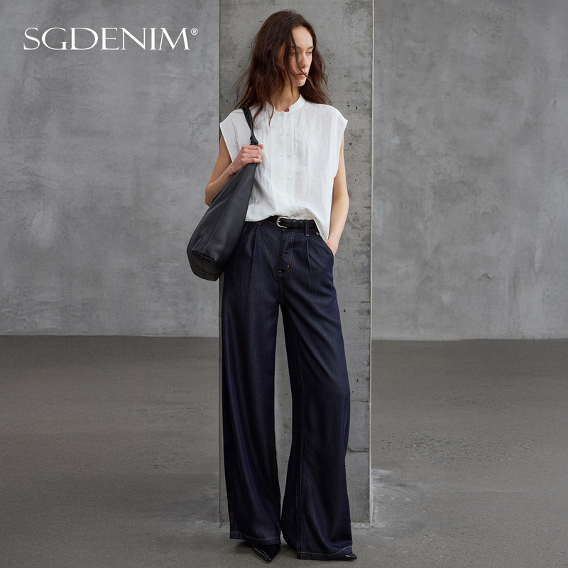 Cooling Thin Tencel High-Waisted Women's Jeans with Drape Effect, Sun Protection, Wide-Leg, Loose-Fitting, Floor-Length Pants, Summer 2026 New Model
