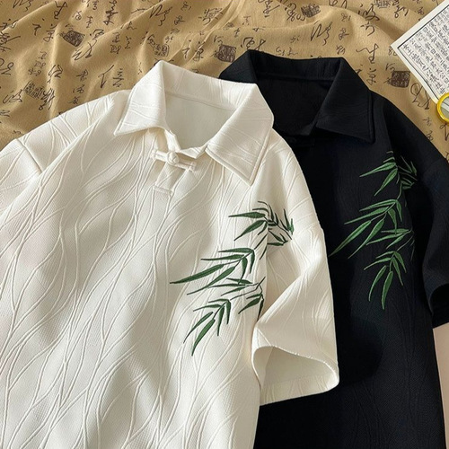 Modern Chinese Bamboo Embroidery Short-Sleeve T-Shirt for Men - Summer Casual Loose Trendy Hanfu Style Top