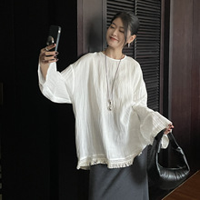 7318素予秋简约复古流苏边长袖小衫宽松显瘦优雅百搭通勤休闲衬衣