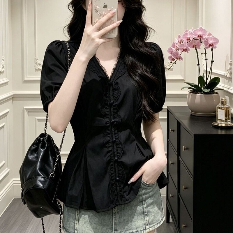 Short-sleeved shirt with summer lace trim, new season, waist-cinching collar, youthful Korean style, plus-size, lightweight top