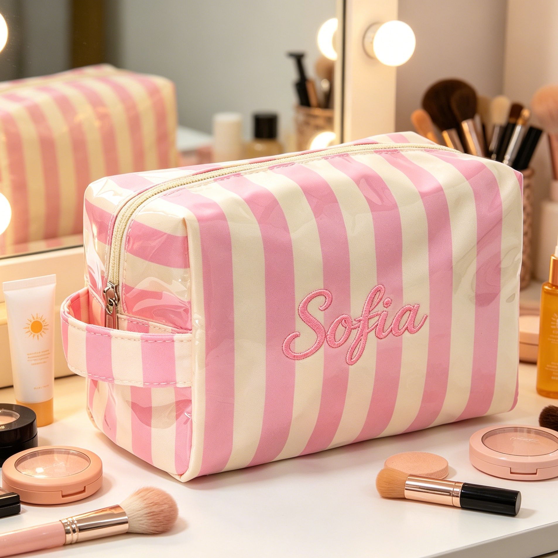 Etsy bordado nueva bolsa de maquillaje de gran capacidad transfronteriza bolsa de almacenamiento acabado diseño portátil lujoso estilo de rayas de lápiz labial