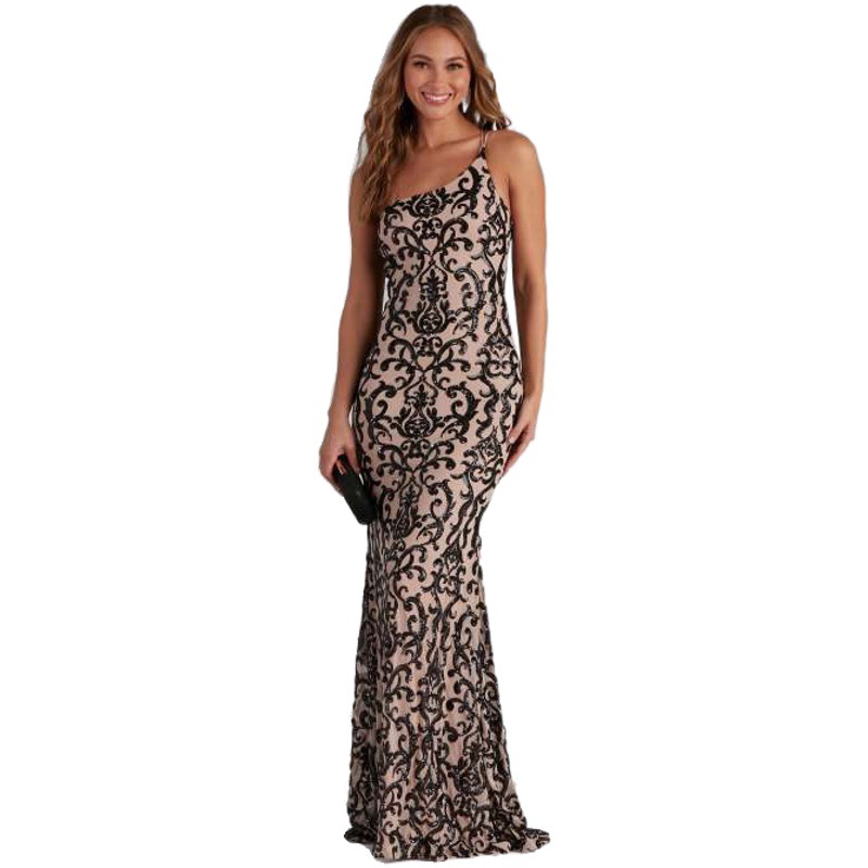 Transfronterizo europeo y americano nuevo elegante lentejuelas sexy oblicuo collar vestido banquete vestido de noche vestido largo
