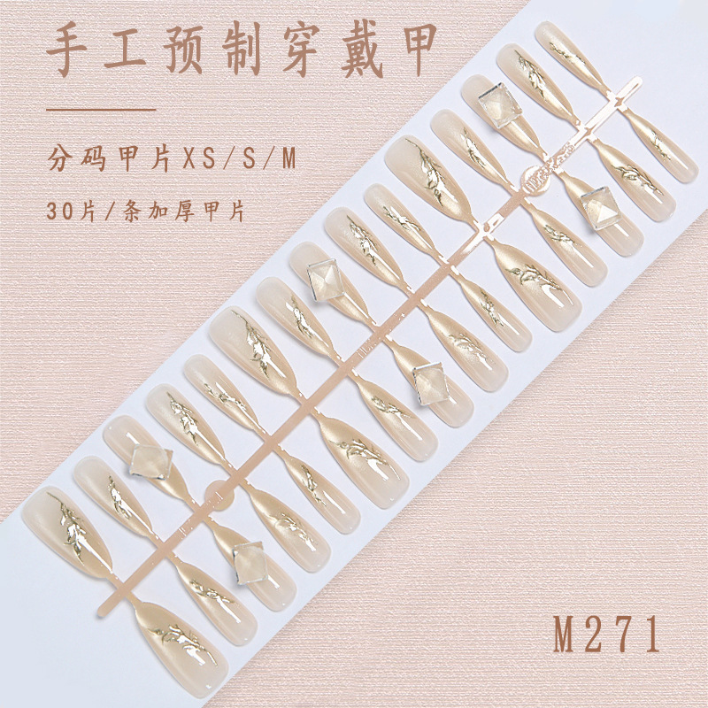 National Style Wearable Nails Spring and Summer High-End Nail Stickers Elegant Manicure Gilt Almond Nails Handmade Prefabricated Nails Wholesale