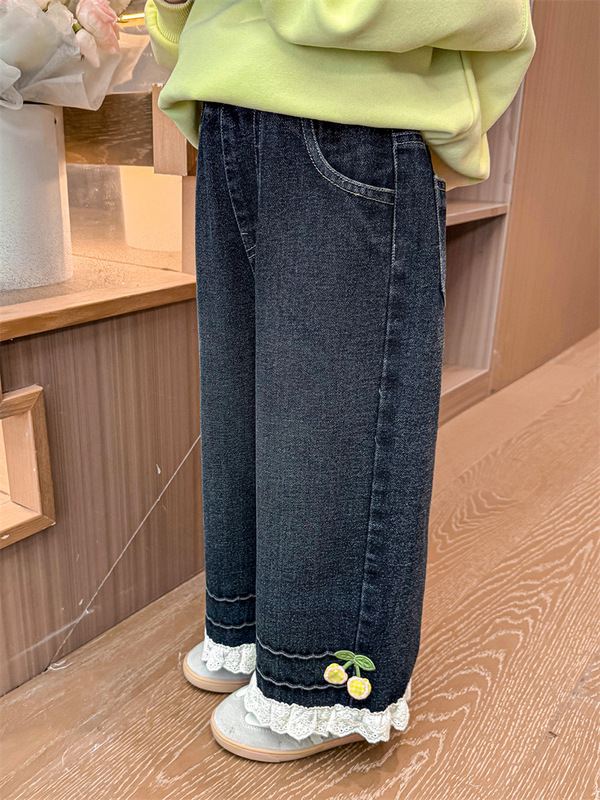 女童牛仔裤春秋款2025新款洋气阔腿裤樱桃刺绣蕾丝花边长裤子潮|undefined