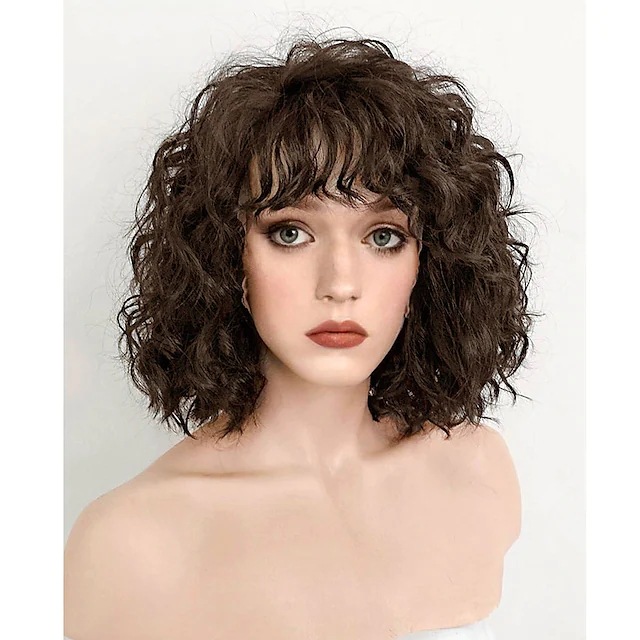 Synthetische Perücke für Damen, kurzes Haar, mit Wasserwellenmuster, flauschiges braunes Kunstfaser-Stirnband, Air Bangs, gelockte Synthese_voghion.com