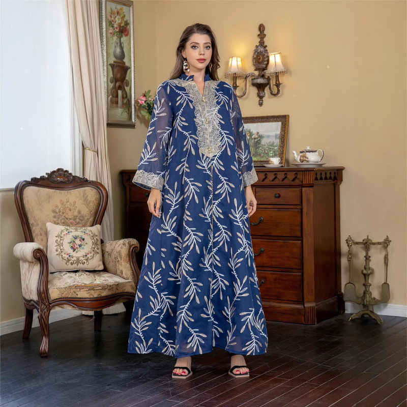 Zd014 Amazon Women's Dress Mesh Robe Embroidered Abaya Robe