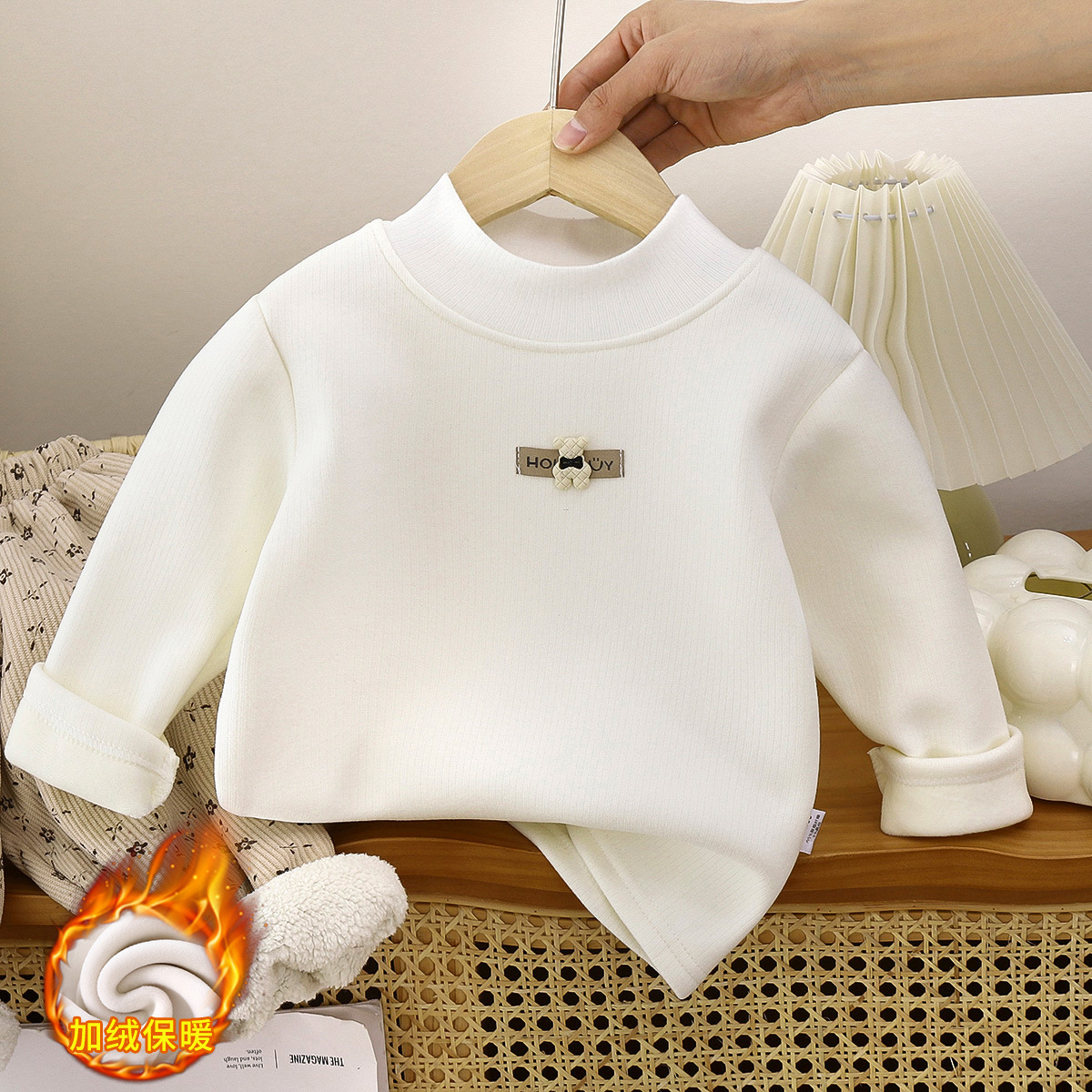 Ropa base para niños invierno nuevo bebé más terciopelo grueso niño medio cuello alto niña camiseta top ropa para niños cálida