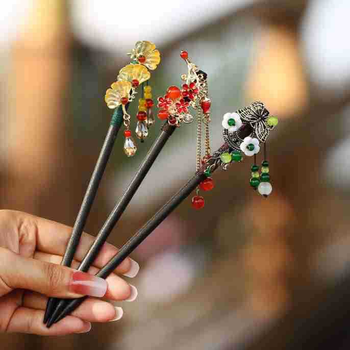 森系古風花朵流蘇髮簪中式復古步搖木質髮釵旗袍漢服挽發氣質頭飾