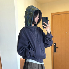 美式复古格子连帽卫衣女秋季2025新款小个子慵懒风韩系假两件外套