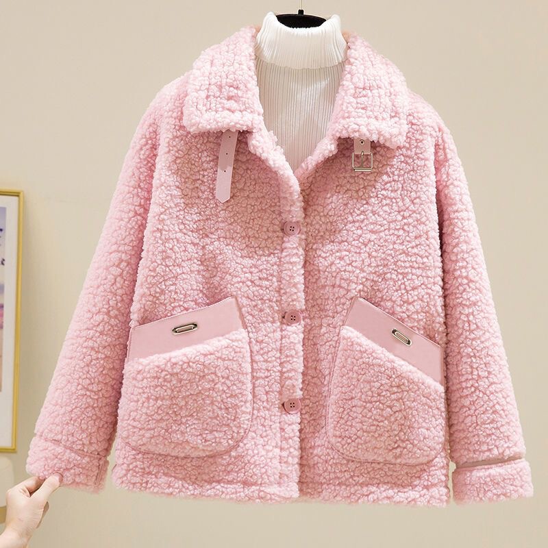 Korean-style petite women's lamb wool coat, new winter model, loose-fitting, long-sleeved, warm lamb wool fur coat