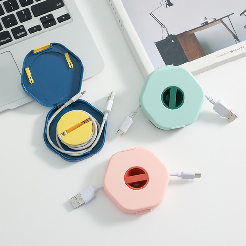 A variety of data cable storage boxes, mobile phone charging cable winders with mobile phone holders, portable headphone storage boxes