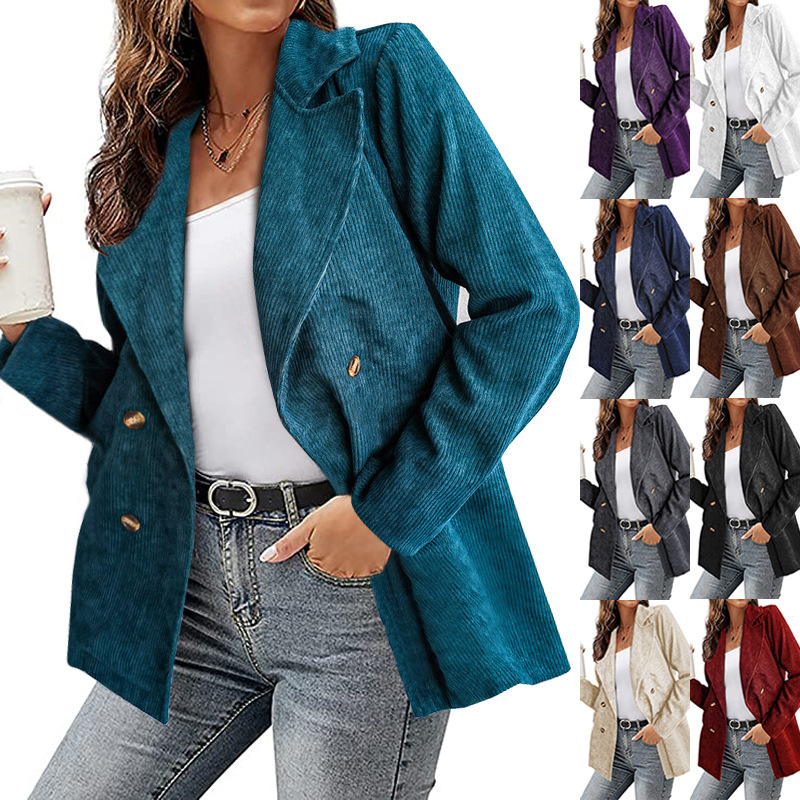 2024 European and American Amazon New Autumn and Winter Double-Breasted Small Suit Jacket Casual Corduroy Shirt Women's Clothing