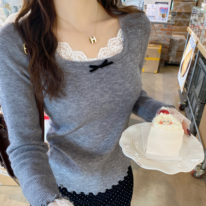 Gray Lace Square Neck Knitted Bottoming Shirt for Women 2025 Autumn and Winter New Design Sweater with Slim Fit Top